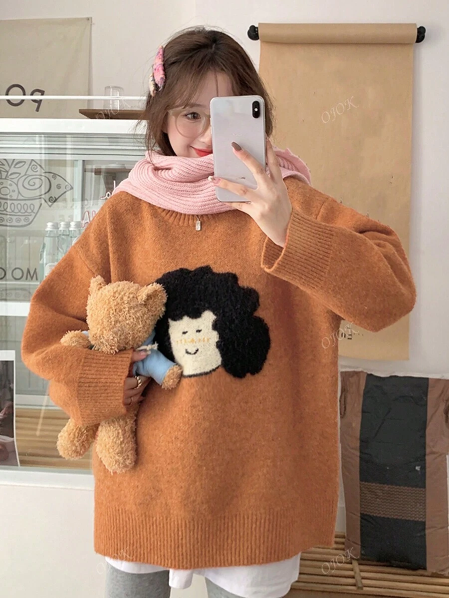 New Niche Cartoon Girl Pattern Orange Round Neck Loose Fit Sweater For Women, Autumn/Winter