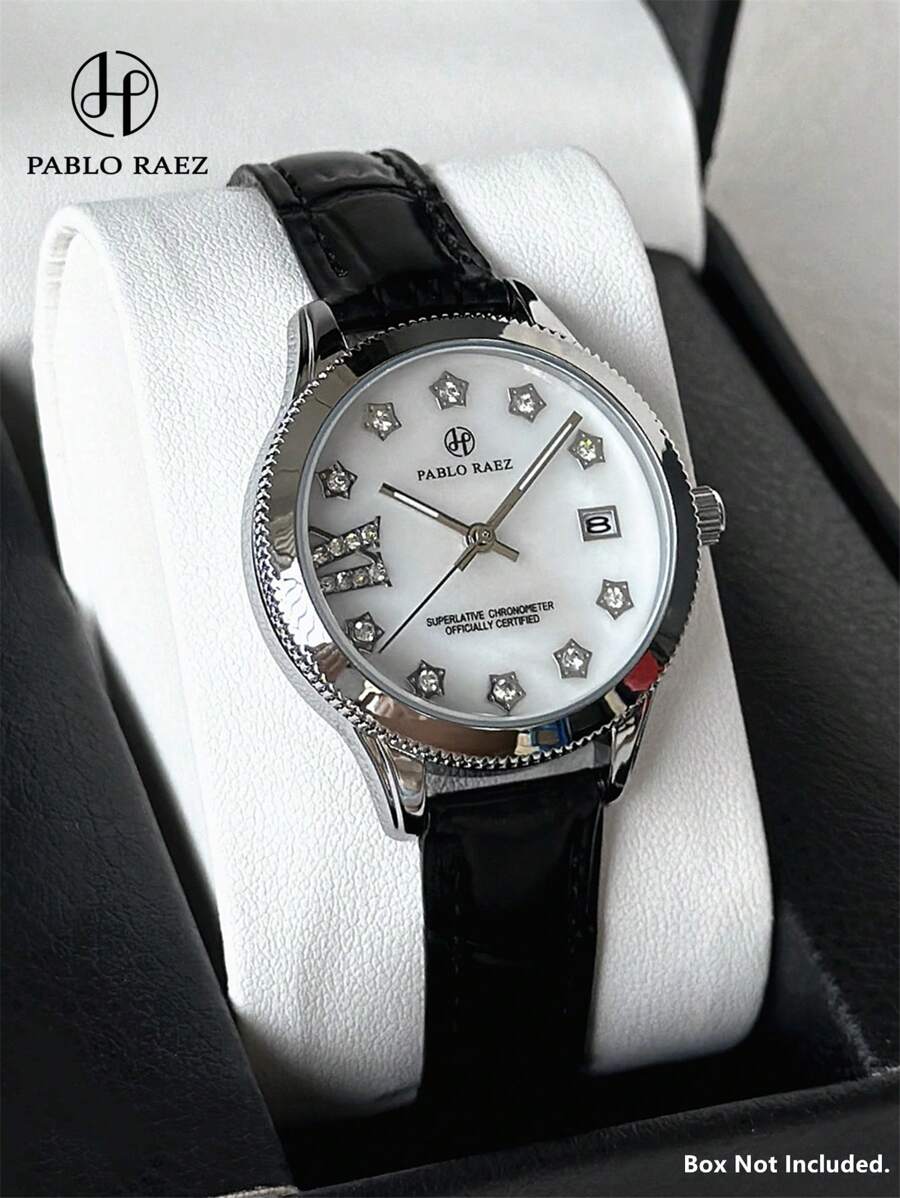 Pablo Raez 1pc Silver Lady Watch Women Luxury Crystal Dress Watch SUS304 Stainless Steel IPS Case Elegant Brand New Design Quartz Watch For Lady Fahionable White Face With Date Calendar Luminous Diamond Display High Quality Woman Popular Wristwatch 50M Waterproof Soft & Breathable Black Color Microfiber Leather Casual Teenagers Girls Lovely Watch Nice Gifts For Friend Or Family Fit For Daily Life/Work/Party Decorations