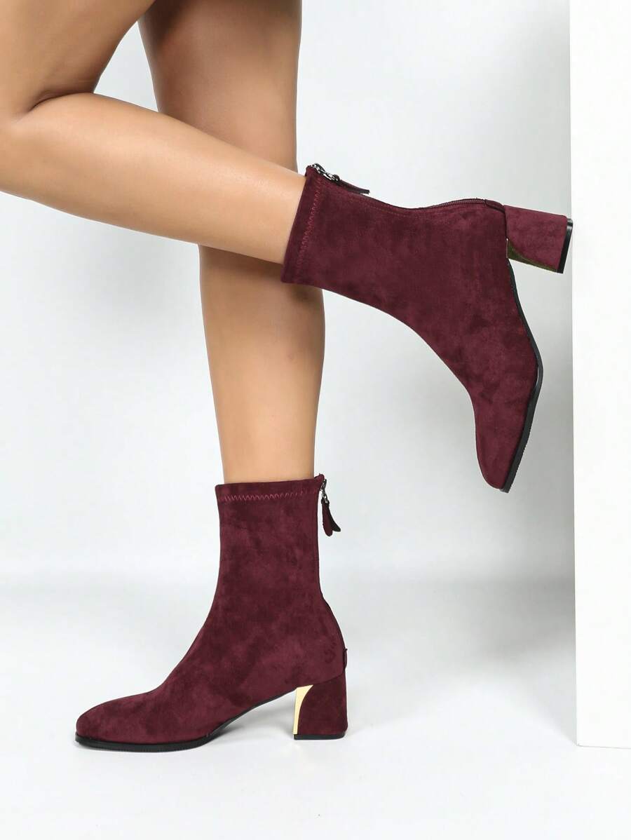 Stivaletti alla caviglia con tacco chunky, zip, di moda e sexy, adatti per feste e vacanze, di colore rosso/bordeaux, stivaletti natalizi