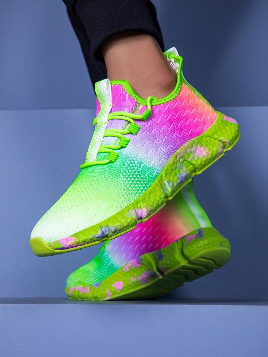Paare Schuhe: Ultra-weich, super-leicht Popcorn Sohle, geruchsresistente Sohle, bunte gestrickte Rundkappe, Schnürung in einem Stück Socken-Stil, lässiges sportliches Design, eng anliegend, Popcorn Sohle, asymmetrischer mehrfarbiger lässiger Sportbekleidung Sneaker