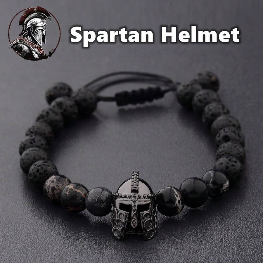 Brazalete de casco de hombre, brazalete espartano, brazalete de gladiador, brazalete de guerrero de piedra natural ajustable macramé