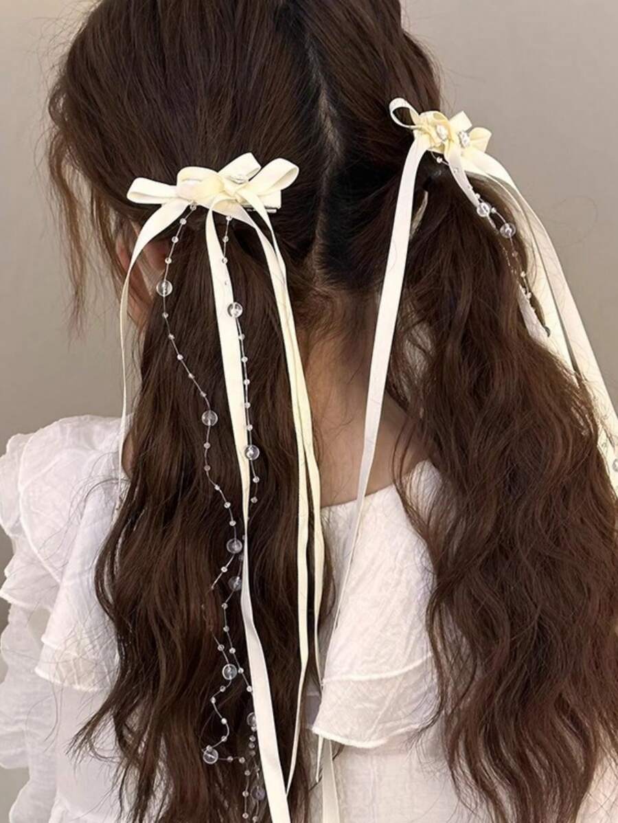 1pc Sweet Girl Ribbon Faux Pearl Beaded Long Tassel Bow Hair Clip, Suitable For Daily Wear, Photography, Travel,Hair Accessories,Hair Barrettes Hair Clips Claw Clips Hair Claws