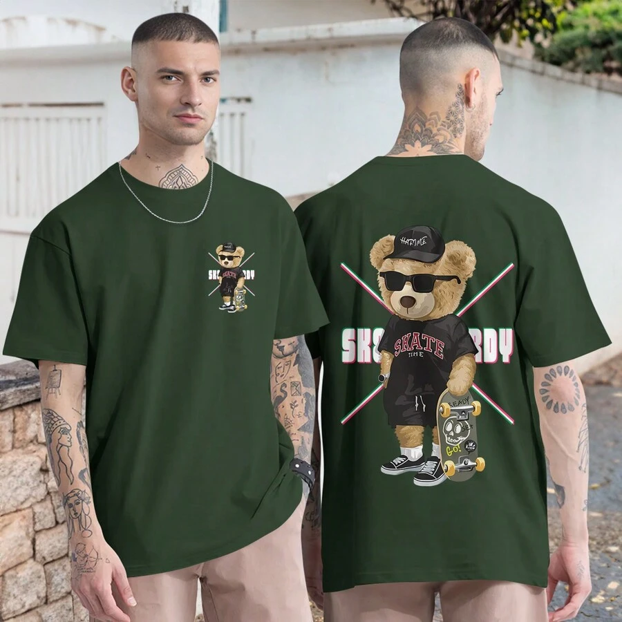 Camiseta Oversized Urso Skatista Camisa Skate Streetwear Estampa HD Frente e Costas
