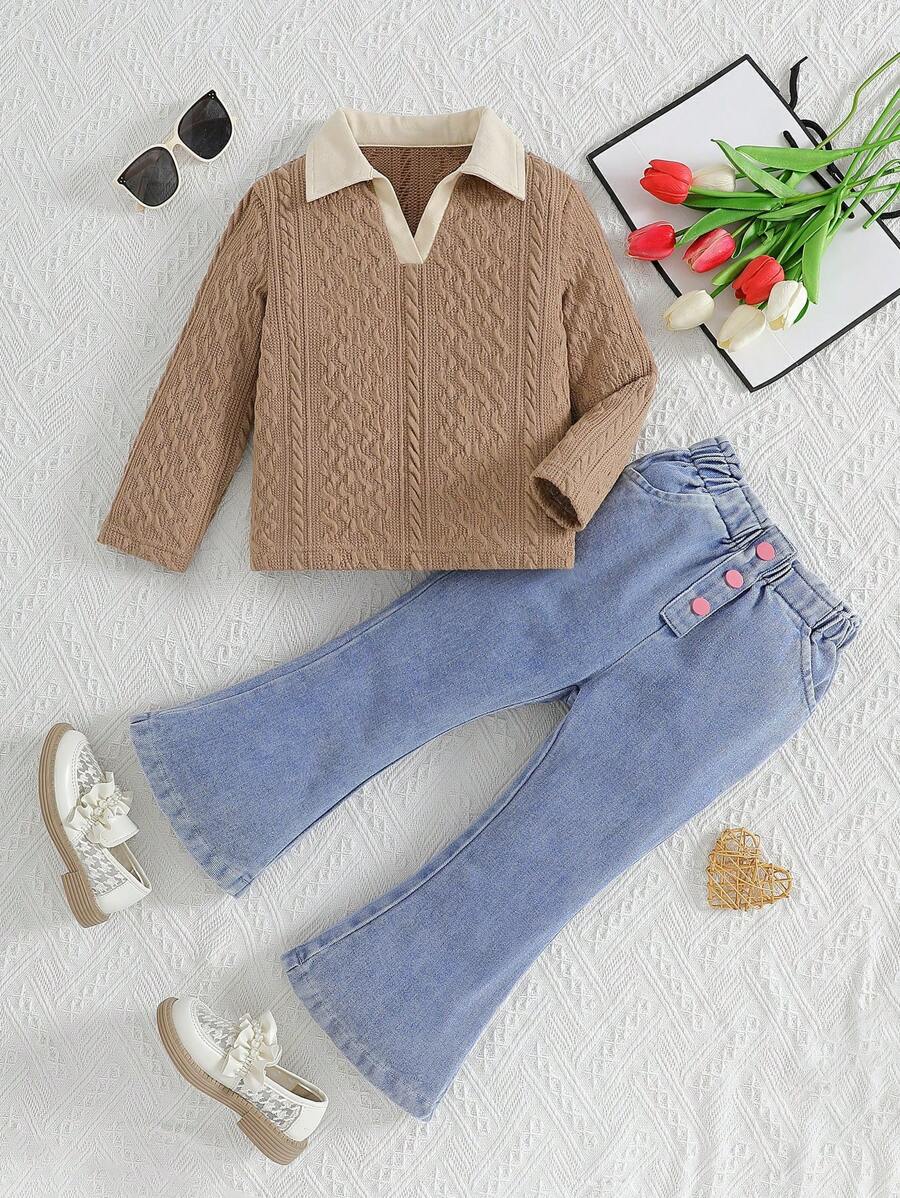 2 pezzi Set moda per giovani ragazze con maglione lavorato a maglia con collo a polo + pantaloni a zampa d''elefante, casual, autunno e primavera