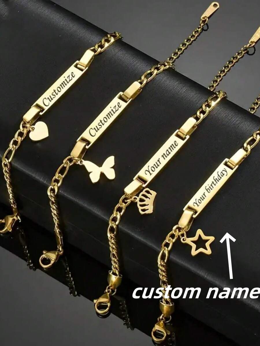 1 pièce Bracelet en acier de titane avec pendentif papillon personnalisé gravé en or et argent - élégant et charmant, convient pour un port quotidien ou en cadeau pour la Saint-Valentin, l'anniversaire, l'anniversaire de mariage