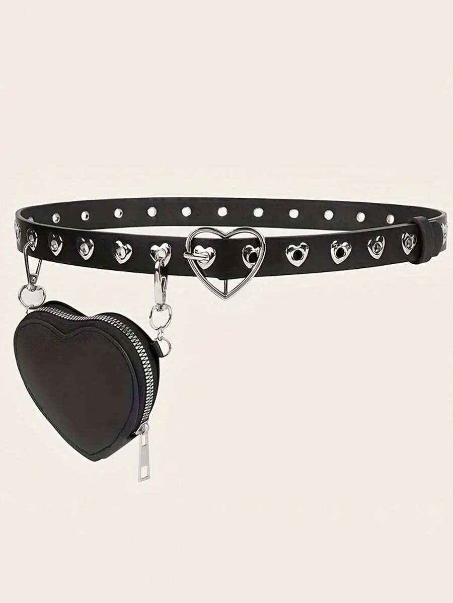 1pc Girls Heart Buckle Belt With Mini Detachable Pouch - Casual Punk Style PU Leather Waist Belt
