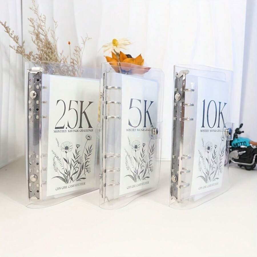3-Piece PVC Money Saving Challenge Binder Set With Cash Envelopes - English 12-Month Budget Organizer For $5K, $10K, & $25K Savings Goals - Sturdy Personal Finance Planner