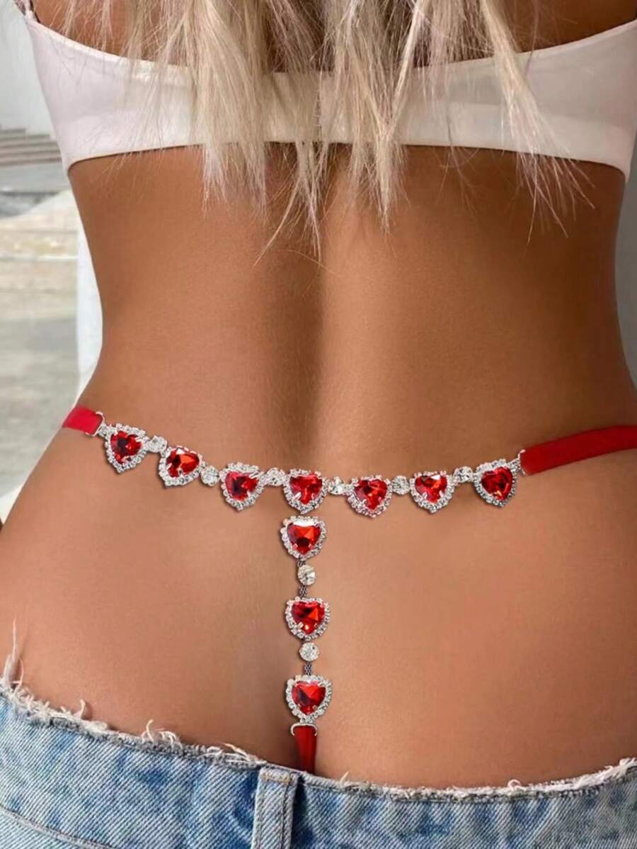 Tanga Jóia com Coração de Cristal Vermelho Quente, Calcinha com Strass para Mulheres, Acessórios Sexy de Corpo Corrente Tanga Wasit Maiô Bikini