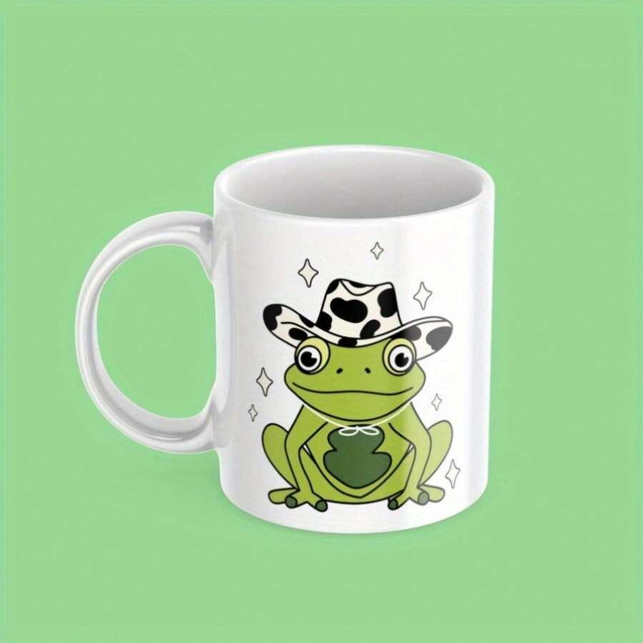 2pcs , Frog Mug// 11oz White Mug With An Animal, Green Aesthetic, Cowboy Hat, Dishwasher And Microwave Safe, Illustrated Coffee Cup