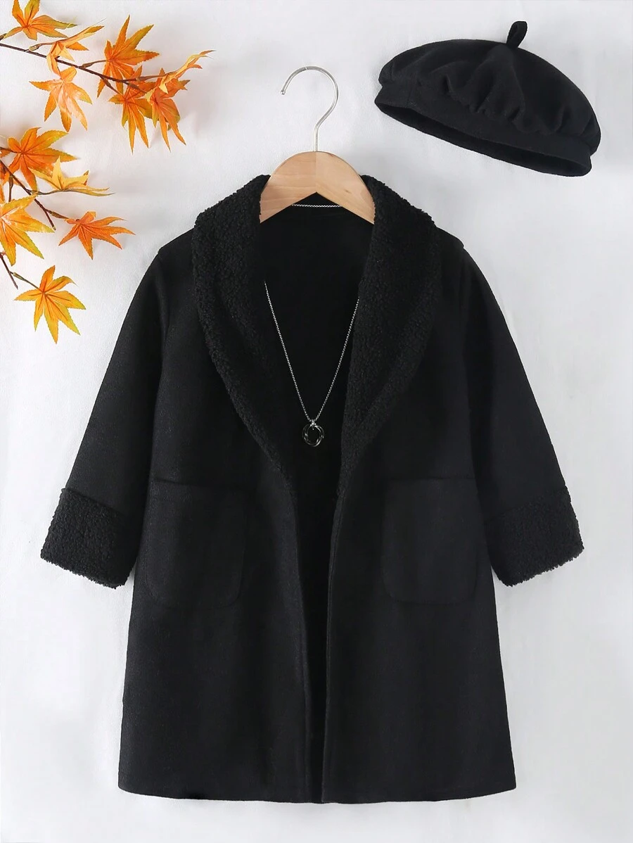 Cappotto di media lunghezza da ragazza, alla moda, in patchwork + berretto, caldo per la bambina in autunno/inverno