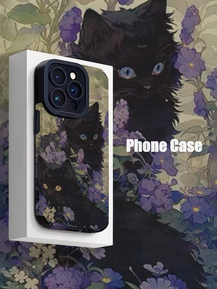 1pc PU Leather Material Garden Black Cats Pattern Anti-Drop Phone Case, Fits /