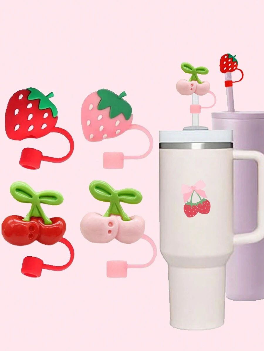 1 pieza/4 piezas Tapas de cubierta de pajita con diseño de fresa y cereza para tumblers de 30 y 40 onzas, tapas lindas de 10 mm para pajitas, cubiertas reutilizables para pajitas, tapas antipolvo para pajitas, tapas sencillas para la punta de la pajita adecuadas para conducir, oficina, acampar al aire libre, Navidad, accesorios para tazas, regalo del Día de la Madre