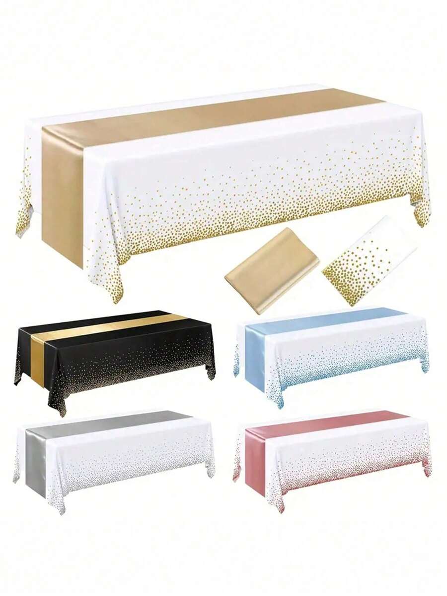 2 paquetes de juegos de mantel desechable de plástico y camino de mesa de satén, mantel blanco con puntos plateados y camino de mesa de satén plateado para bodas, cumpleaños, aniversarios, Navidad, Año Nuevo y fiestas