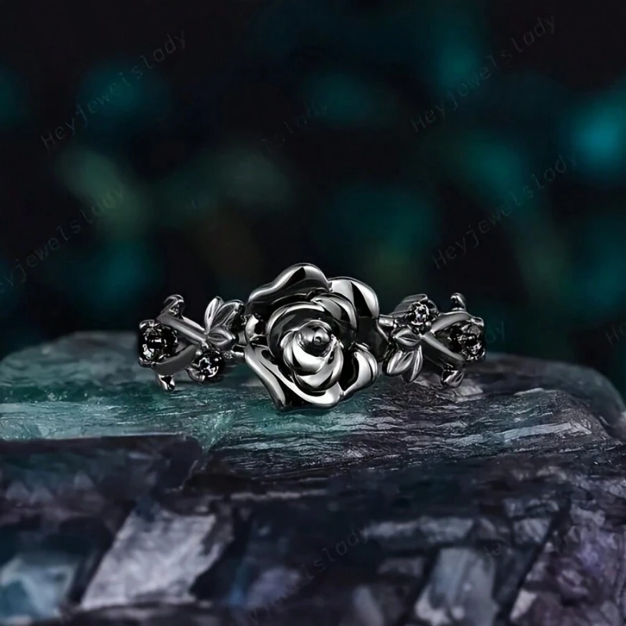 Fashion Ladies Gothic Black Rose Engagement Ring, Wedding Ring, Leaf Promise Ring, Natural Inspired Flower Ring Gift