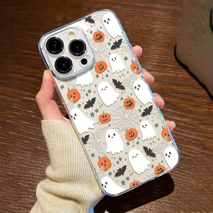 Cute White Ghost & Pumpkin Design Silicone Phone Case, Festive Atmosphere For Halloween, Suitable For Men & Women, Compatible With IPhone 15/15Pro/15ProMax/14/13/12/11/Xs MAX Series