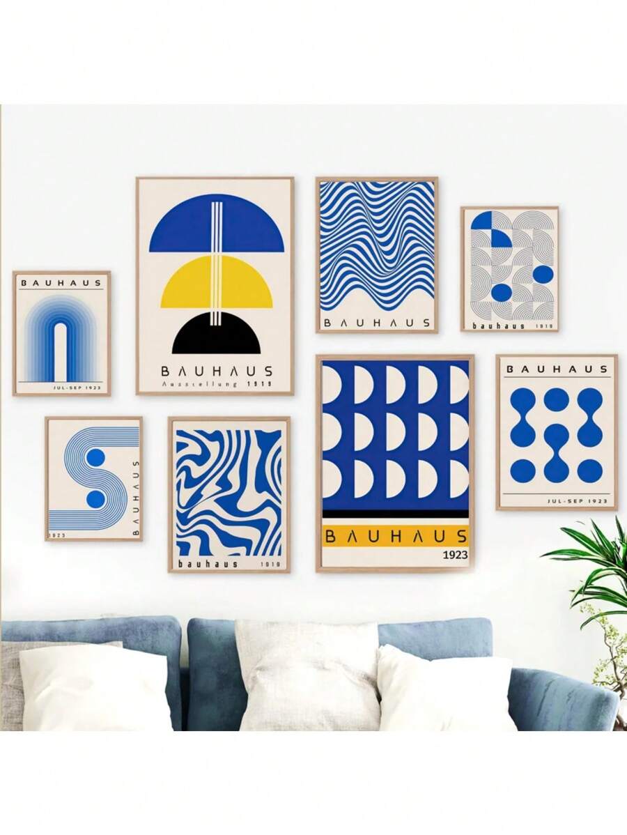 1PC Mid Century Modern Blue Bauhaus Canvas Paintings Abstract Geometry Wall Art Posters And Prints For Living Room Home Decor No Frame