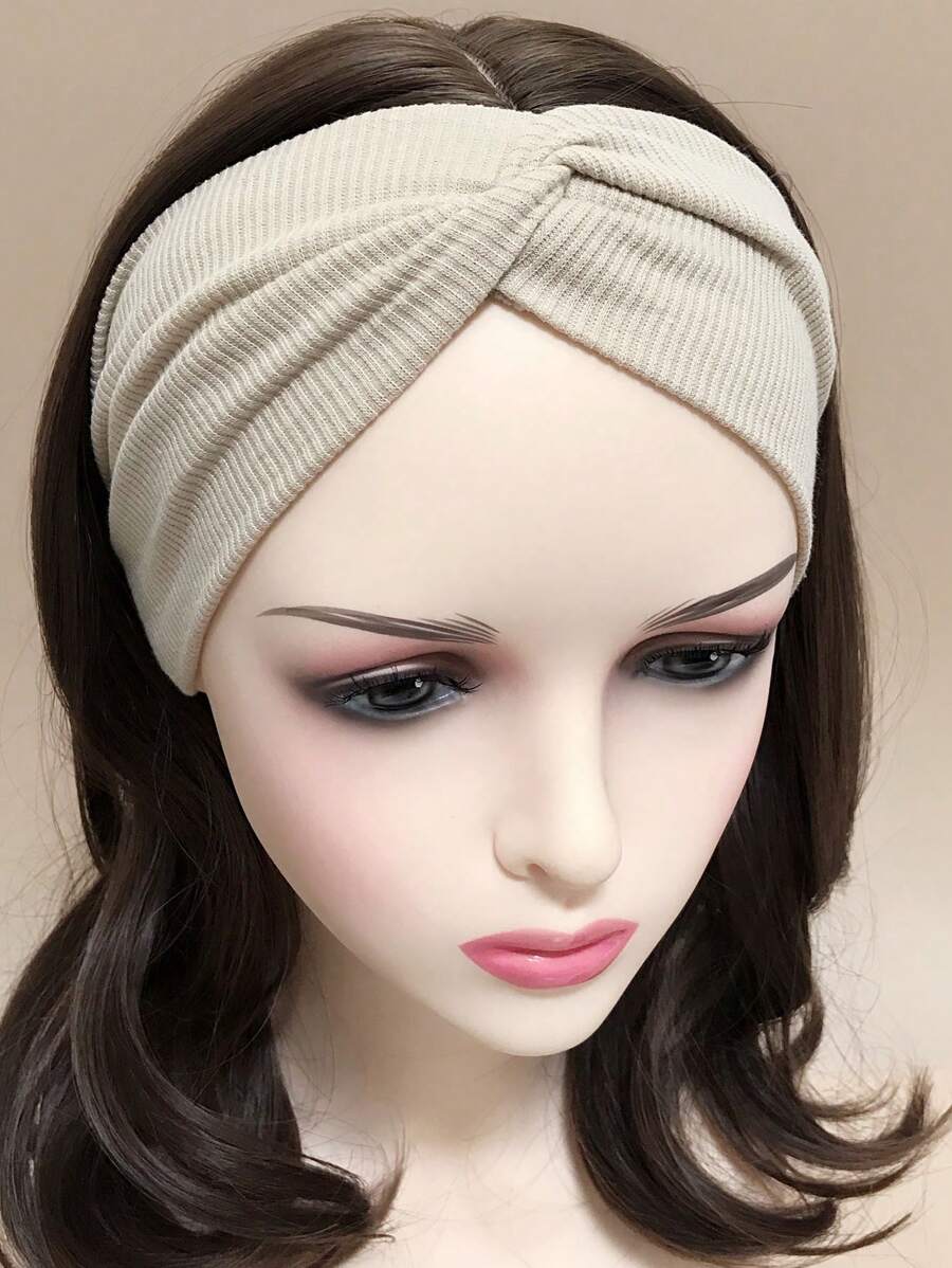 1pc Women's Apricot Simple Solid Color Elastic Ribbed Sweat Absorbing Wide Band Versatile Knotted Headband, Outdoor Activewear & Casual,Hair Accessories,Turban Headband