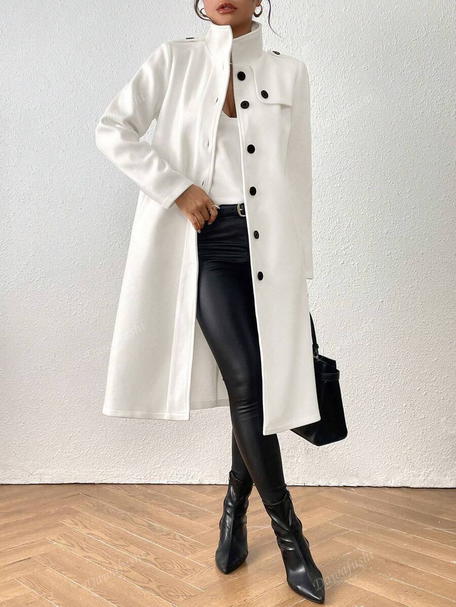 Single-Breasted Casual Stand Collar Woolen Coat
