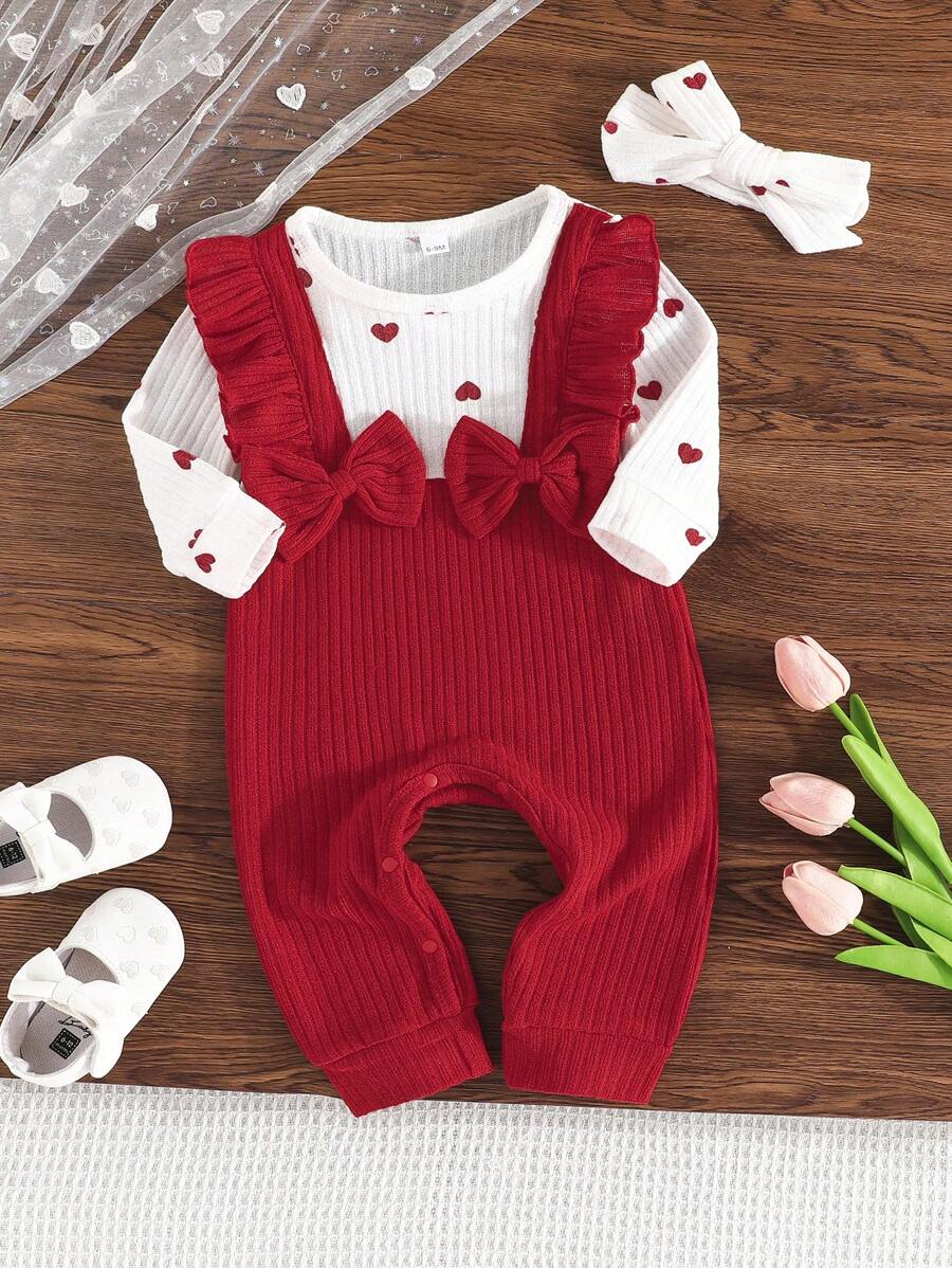Baby Mädchen niedlicher Jumpsuit mit Schleife und Langarm, Latzhose mit Blumenmuster Romper, inklusive bedrucktem Herz Stirnband