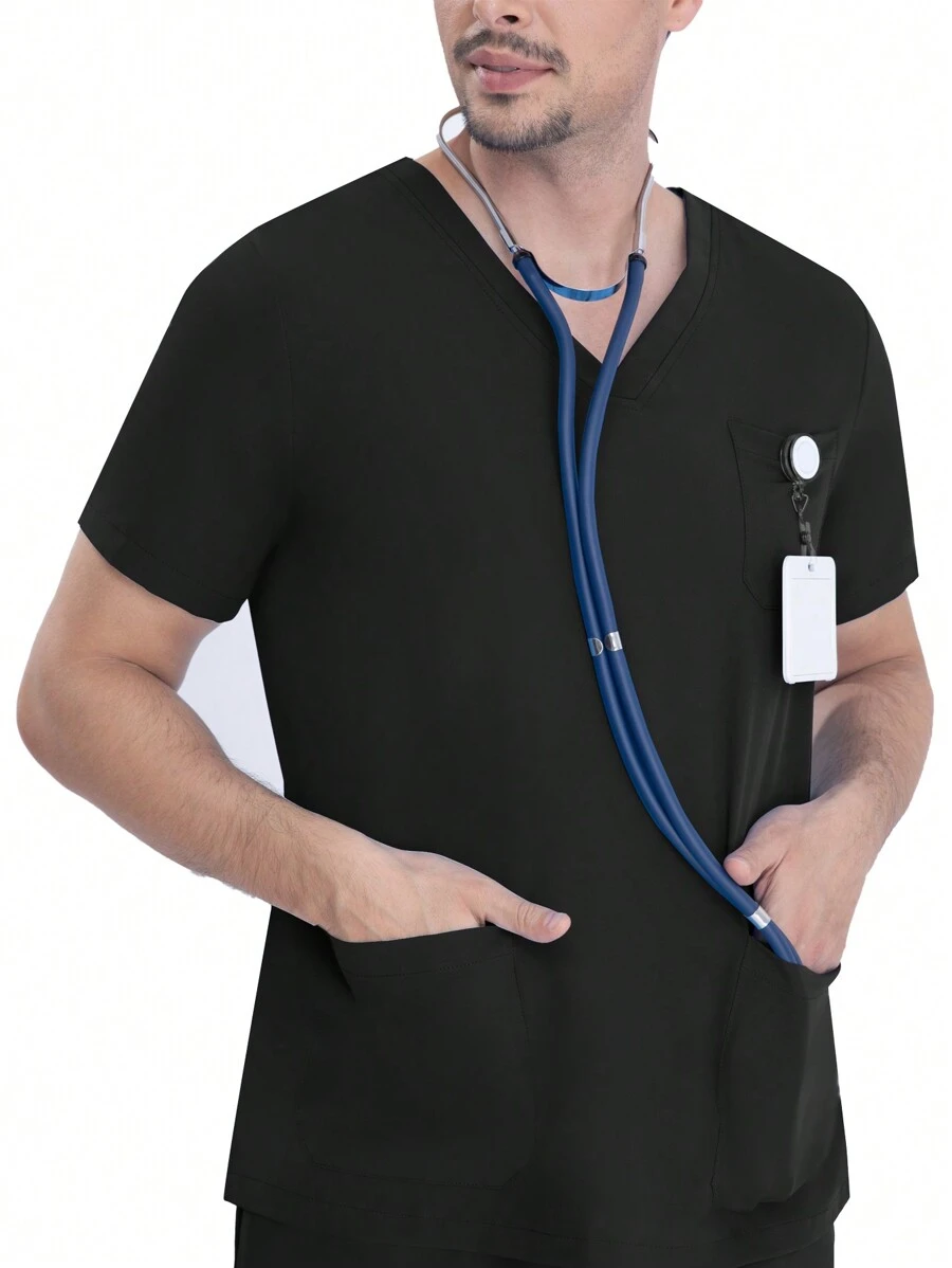 Men's Short Sleeve Stretchy Work Uniform, Lab Coat, Pet Grooming Service, Breathable Elastic Single Pocket Top
