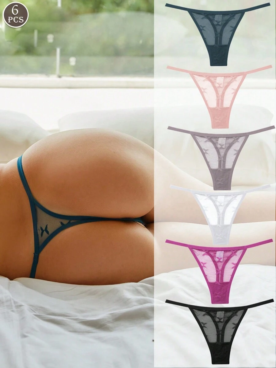 Conjunto de 6 tangas de encaje con patrón de mariposas de unicolor con banda de cintura delgada, lencería sexy para mujeres