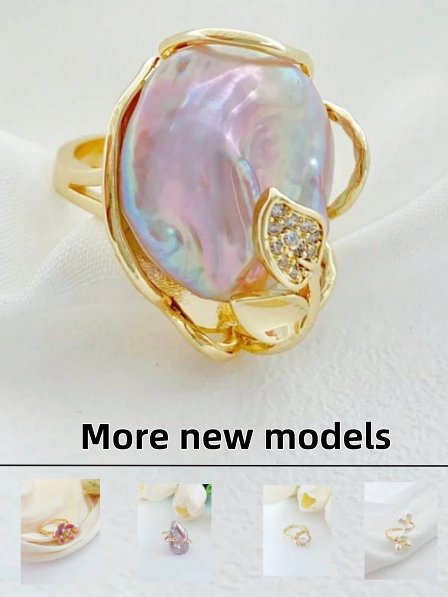 1 pieza Anillo abierto ajustable de perla barroca, diseño floral minimalista, elegante y ligero para mujeres