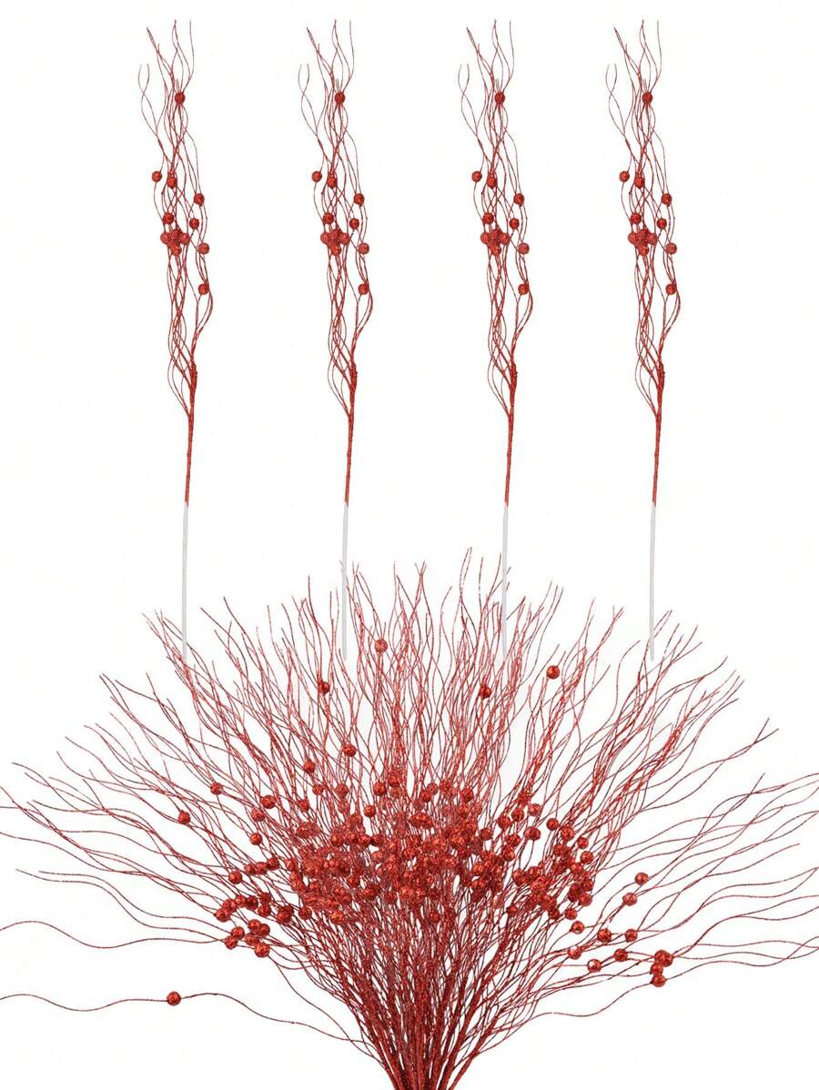 4PCS Artificial Flash Of Light Berry Stem Ornaments Christmas Tree Decoration Sparkling Branches Christmas DIY Wreath Home Vase Wedding Party Decoration(Red)