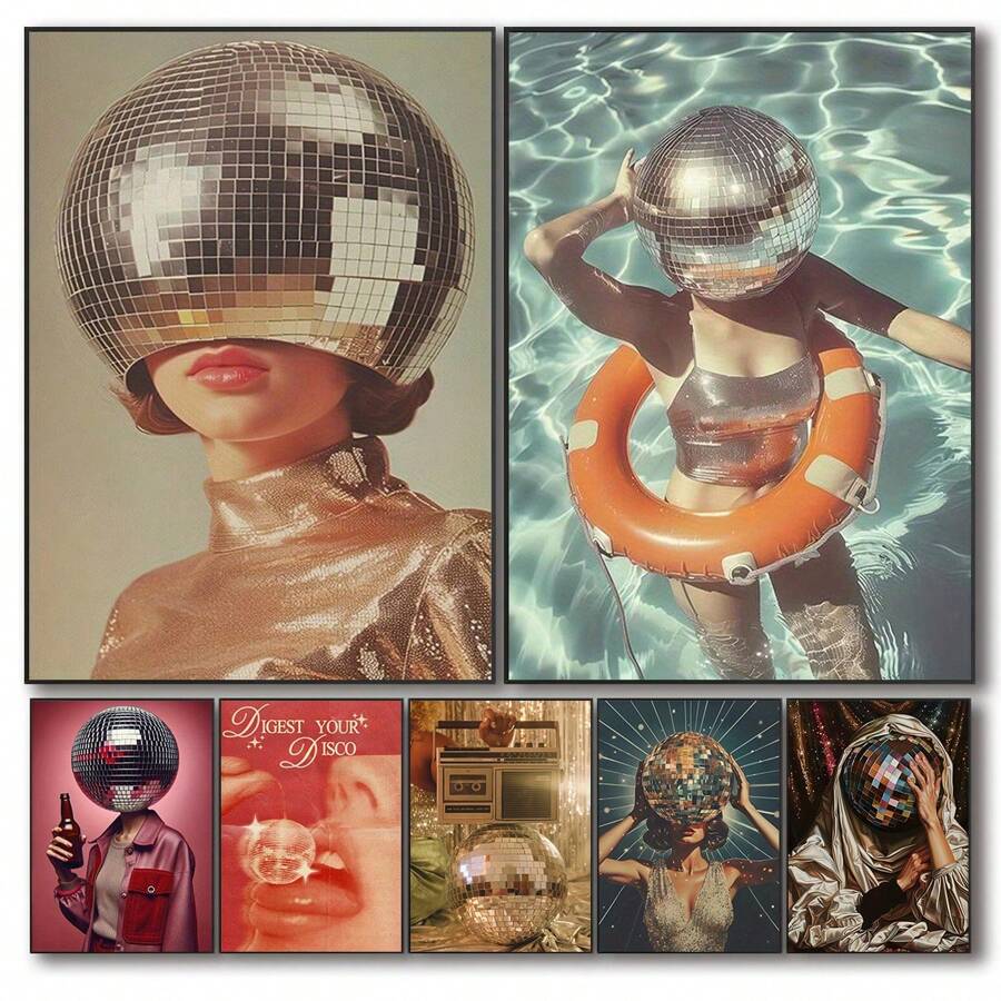 1 peça, pôster de tela de mulher com bola de discoteca vintage, arte luxuosa de bola de espelho, estética moderna e divertida, estilo nórdico, decoração de sala de casa, arte de parede, presente ideal para quarto, sala de estar, corredor, arte de parede, decoração de parede, sem moldura