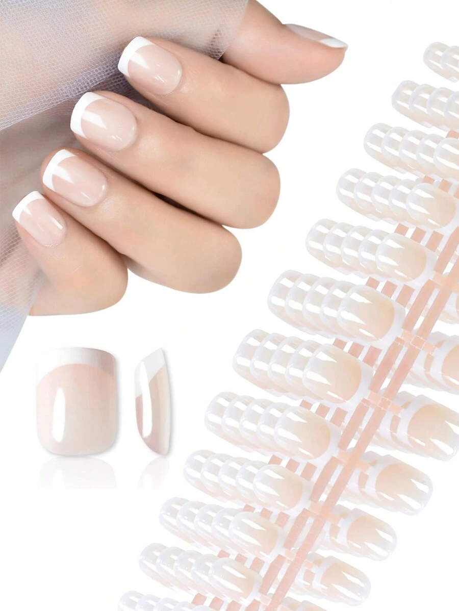 120pcs Glossy Square White French Press-On False Nails, Full Cover Glossy Nude Acrylic Fake Nails Set, Artificial Nail Kit Suitable For Women & Girls Everyday Wear