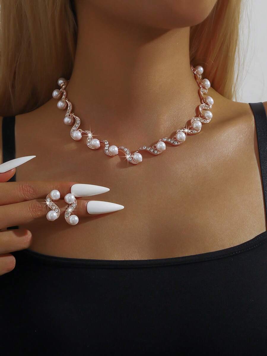 S-Shaped Faux Pearl Earrings Necklace Set