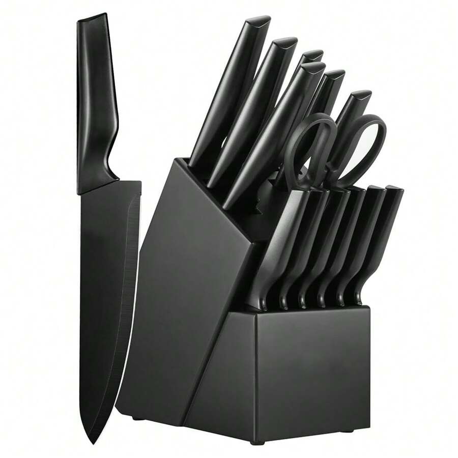 Knife Sets For Kitchen With Block, HUNTER.DUAL 15 Pcs Kitchen Knife Set With Block Self Sharpening, Dishwasher Safe, Anti-Slip Handle, Black