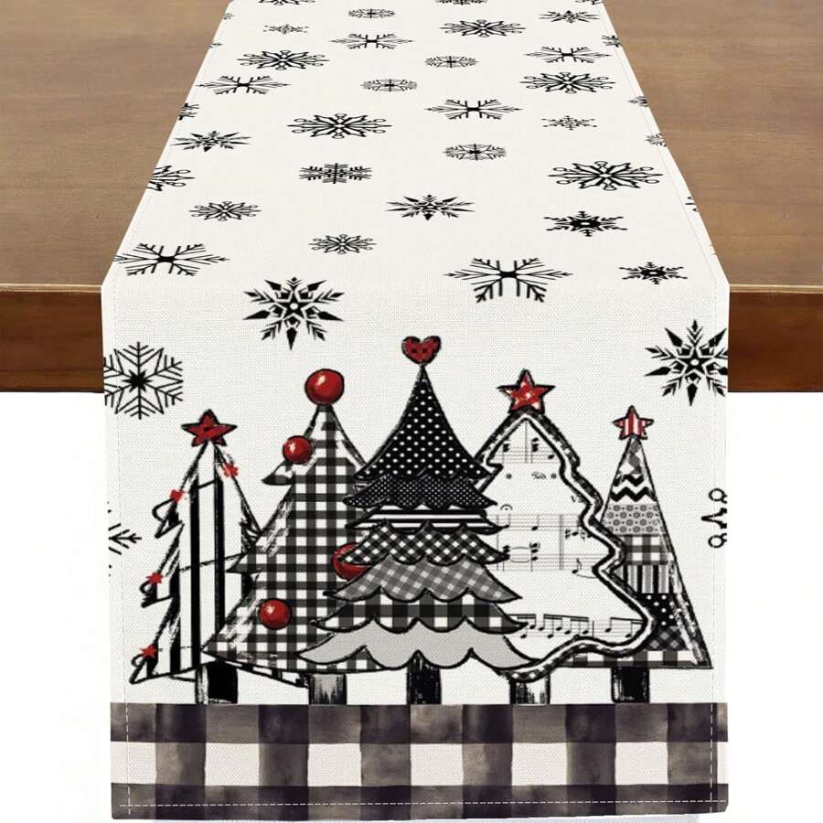 1pc Christmas Happy Table Runner, Christmas Tree & Snowflake Buffalo Plaid Table Runner For Dining Table Kitchen Decor, House Farmhouse Party Decoration, Seasonal Winter Holiday Christmas Party Decor