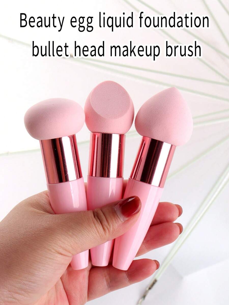 Set de 3 pinceles de maquillaje prácticos: punta en ángulo, punta redondeada y punta recta, para uso en húmedo y seco con barra de base