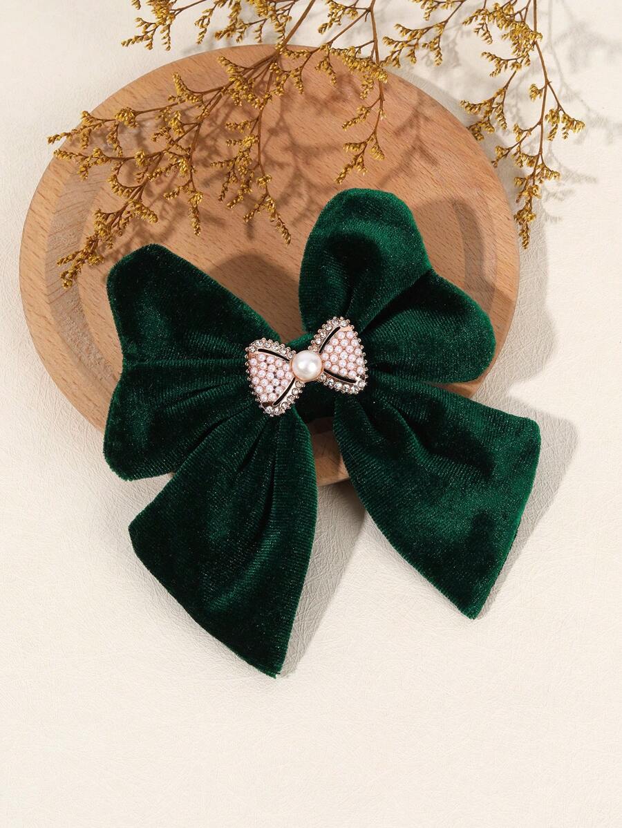 1 pieza Clips para el cabello con lazo de terciopelo para niñas pequeñas, pasadores de cabello de otoño e invierno, accesorios para el cabello con mini lazo exquisito, decoración con perlas falsas y rhinestones, clip de cocodrilo, accesorios para el cabello de niños y adolescentes, adecuado para la vida diaria y fiestas (verde oscuro, azul marino)