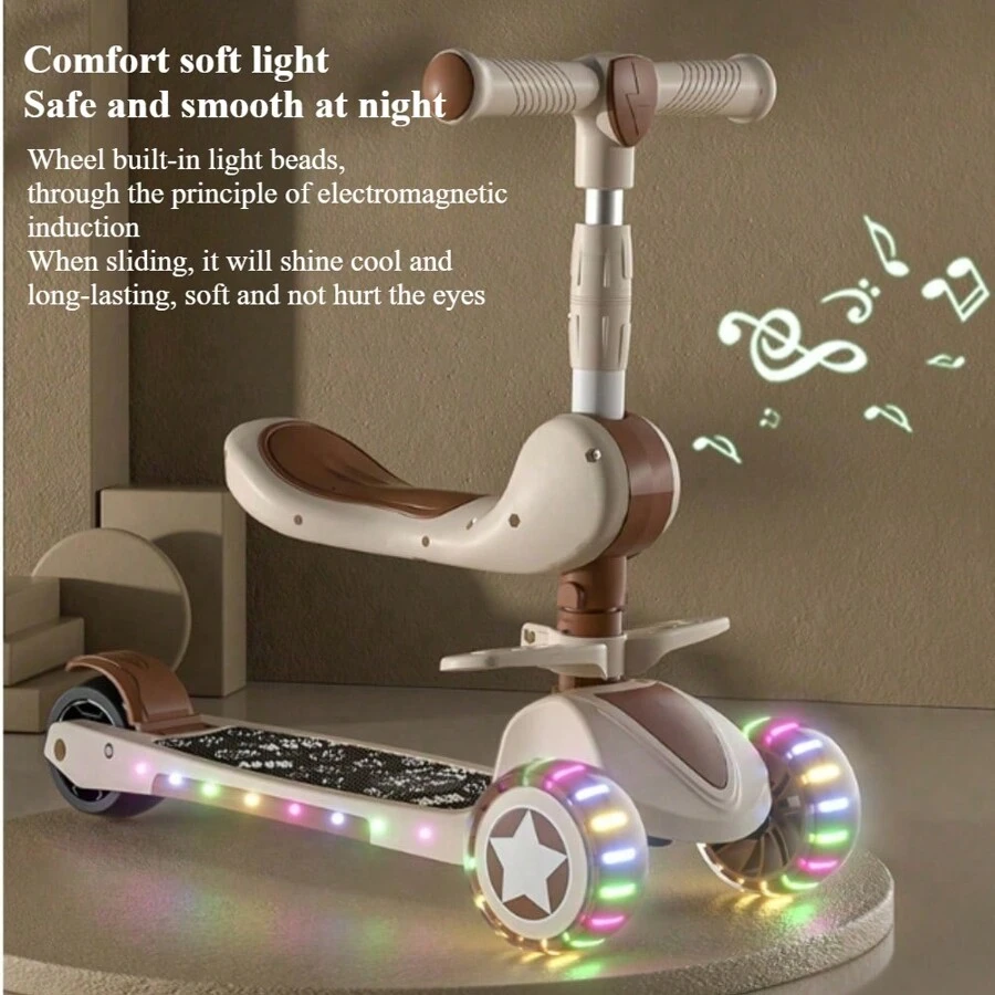 Folding Scooter For Young Children Boys And Girls Baby Three In One Can Sit Can Ride Slippery Slide Can Slide Can Sit With Push Push Music Light Three-Wheeled Hand Push,Back To School