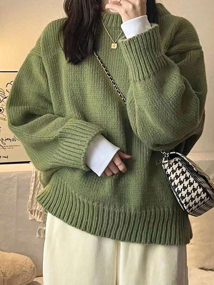 Women's Simple Solid Color Crew Neck Casual Long Sleeve Knit Sweater