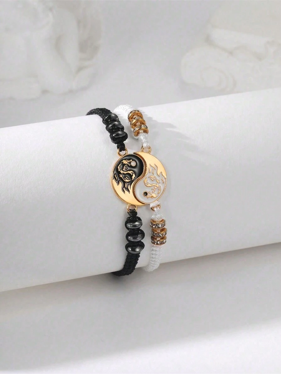 2 Stücke Schwarz-Weiß handgefertigte geflochtene Paar Armband mit Tai Chi, Acht Trigrammen und Drachentotem mit Strasssteinen