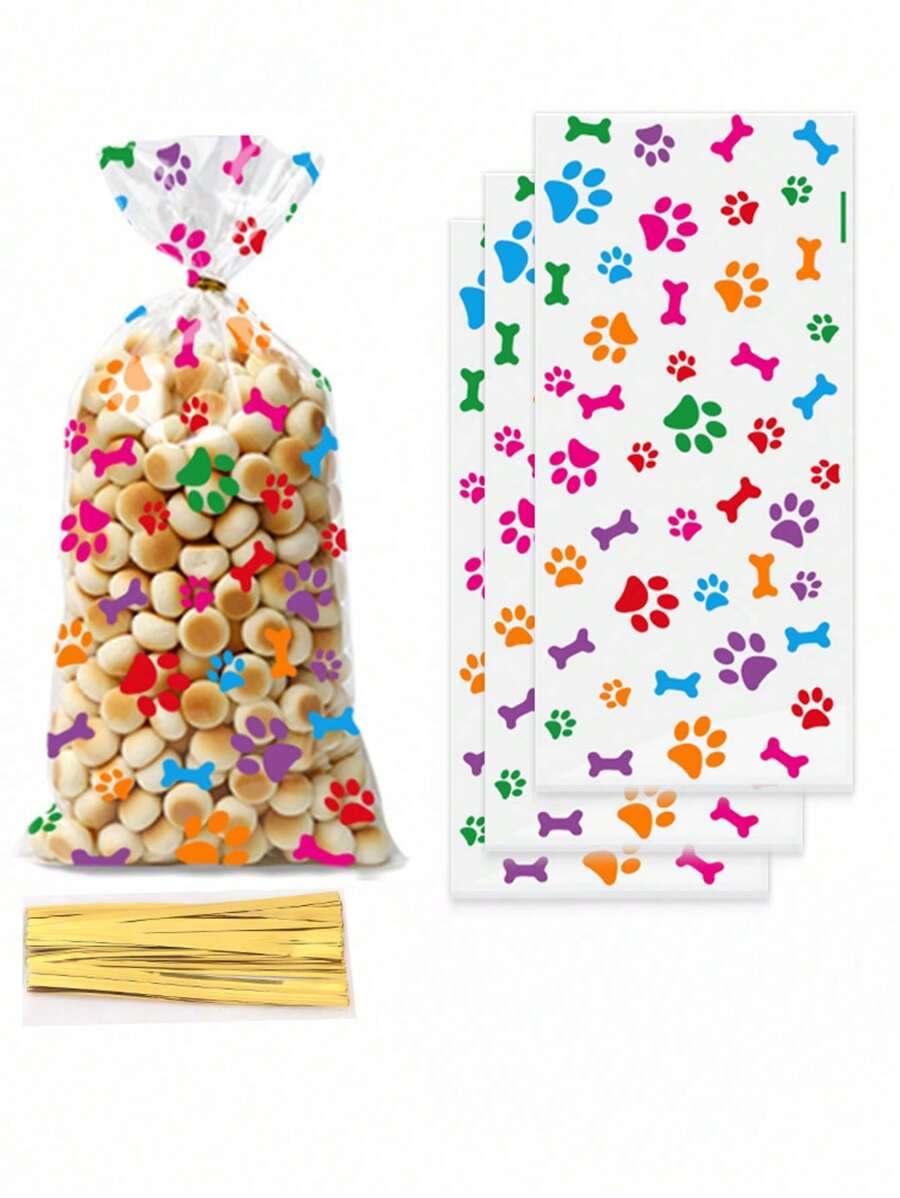 50 piezas de bolsas de fiesta con estampado de patas de perro de colores, bolsas planas transparentes de OPP para vacaciones, regalos, recuerdos