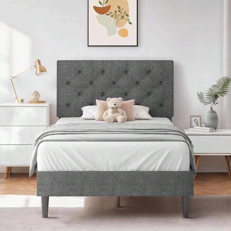 HOMBCK Estructura de cama tapizada con cabecero, estructura de cama de tela de lino con cabecero capitoné, sin somier, fácil montaje, tamaño individual/matrimonial/queen/king, beige/rosa/gris oscuro/gris/azul