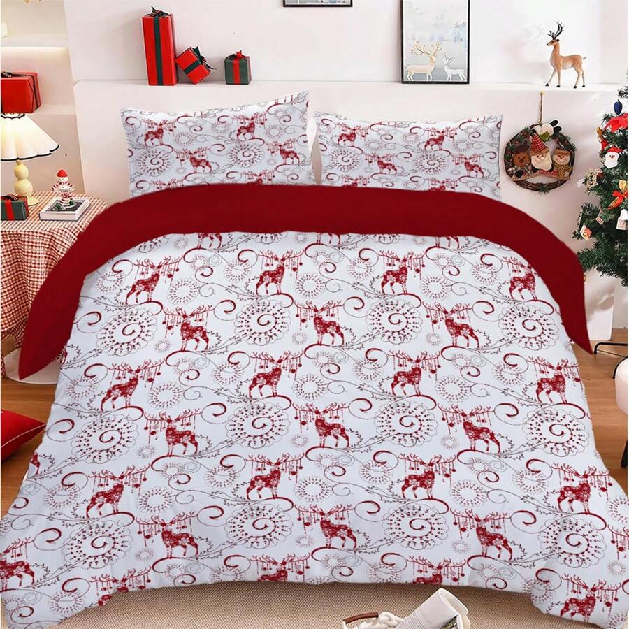 3PCS Christmas Reindeer Print Duvet Cover Set(1*Duvet Cover + 2*Pillowcase, Without Core),Christmas Theme,All Seasons, Soft, Breathable, And Hypoallergenic Winter Theme Holiday Decor Gift For Bedroom,The Perfect Christmas Gift