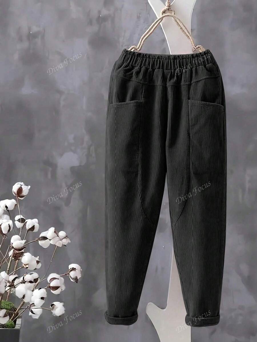 European & American Fashion Autumn/Winter Corduroy Fabric Elastic Waist Pocket Long Pants