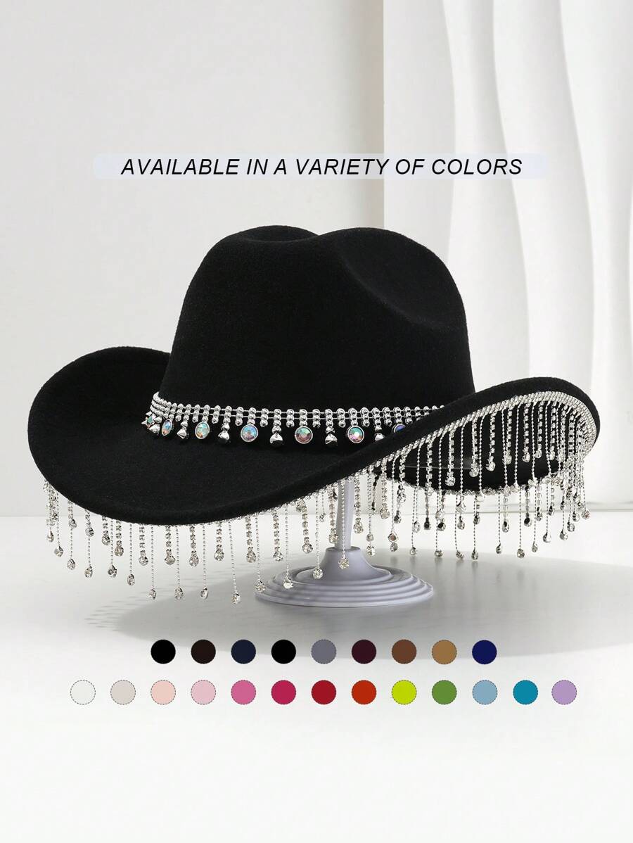 1 pièce Chapeau de cowboy unique et élégant unisexe avec une chaîne de chapeau ronde colorée, une décoration à franges. Esthétique chic, convient pour les événements à thème occidental, les fêtes, les fiançailles, les soirées costumées, les remises de diplômes, les festivals de musique et plus encore