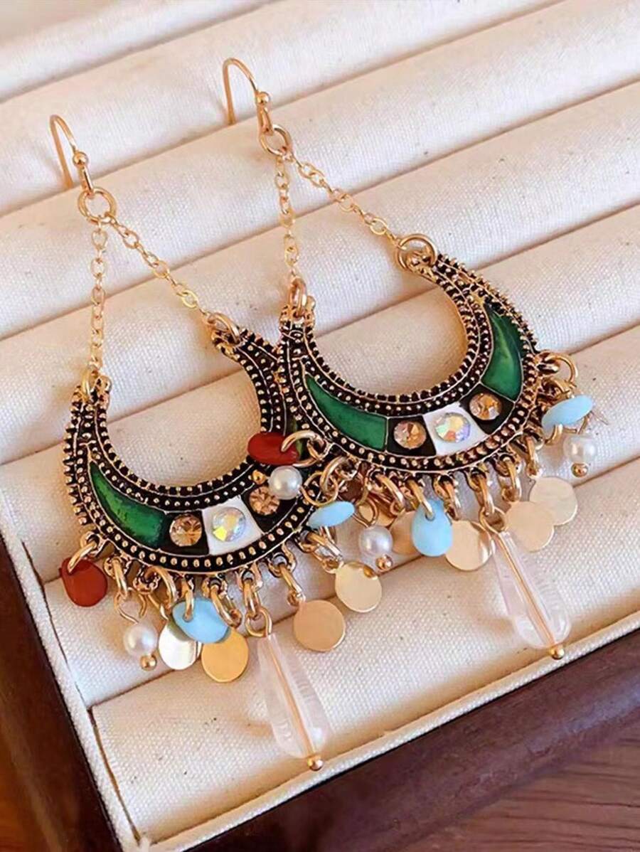 Pendientes colgantes con borla de resina, media luna y gota de agua con rhinestone - Exquisitos pendientes únicos y retro personalizados