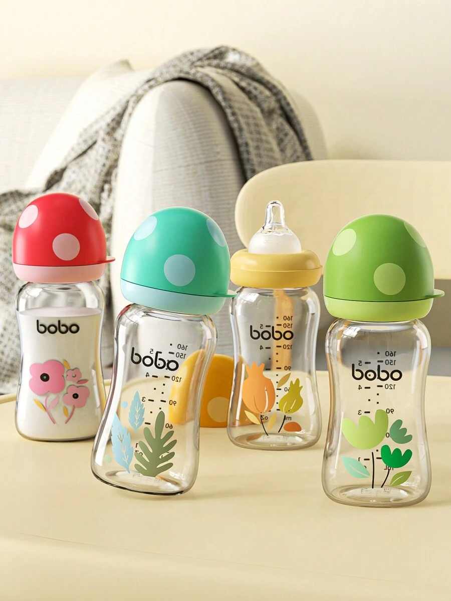 1pc 160ml/5.4oz Baby Glass Bottle, Wide Neck Mushroom Cap Newborn Feeding Bottle