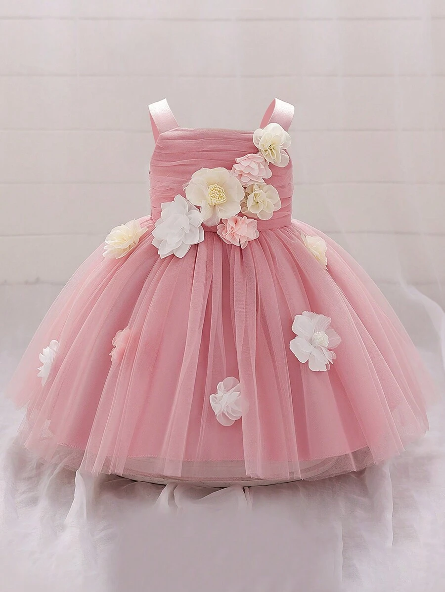 Baby Girls' Broad Strap 3D Floral Mesh Flower Girl Wedding Party Dress Princess Birthday Formal Outfit, Suitable For Dinner, Excluding Hair Accessories