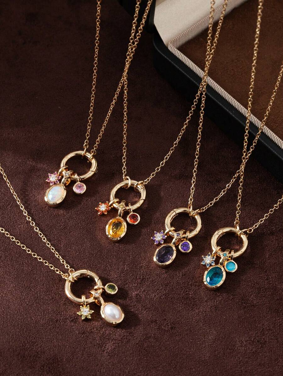 1Pc Colored Natural Stone DIY Patchwork Necklace, Adjustable Loop Can Be Paired With Pendant, Vacuum Plated Color Preservation