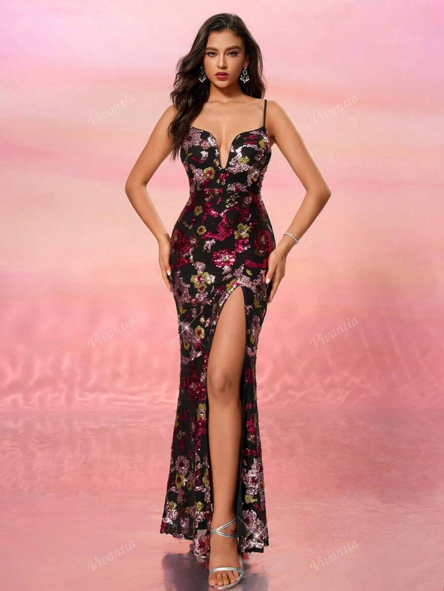 Elegant Long Dress With Sequin Embroidery, Backless Tied Design Slit, Party, Banquet & Formal Event Gown