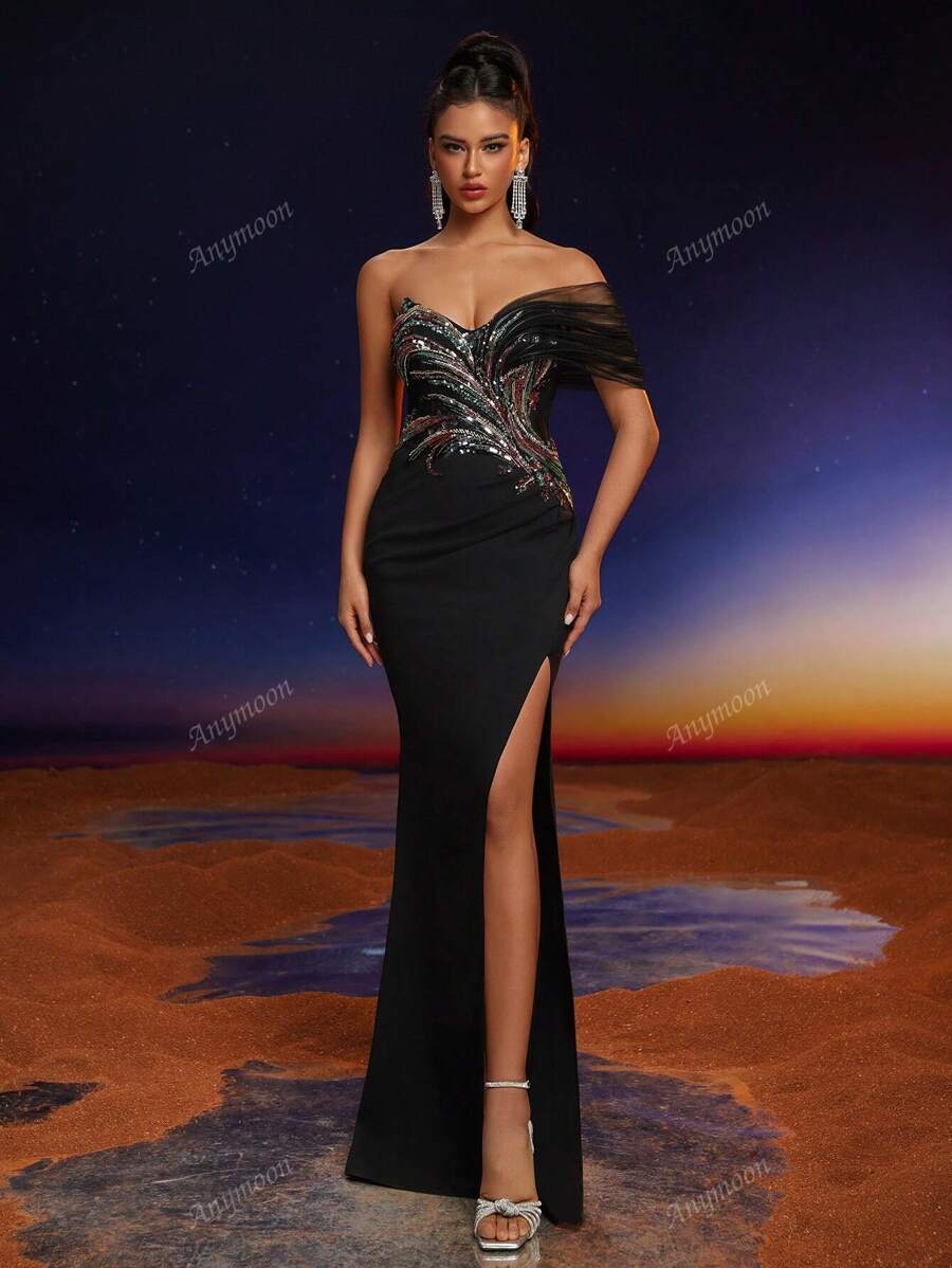 Robe de soirée longue moulante à épaules en maille Anymoon, robe pour mariage, événement, fête, invitée, robe de cérémonie
