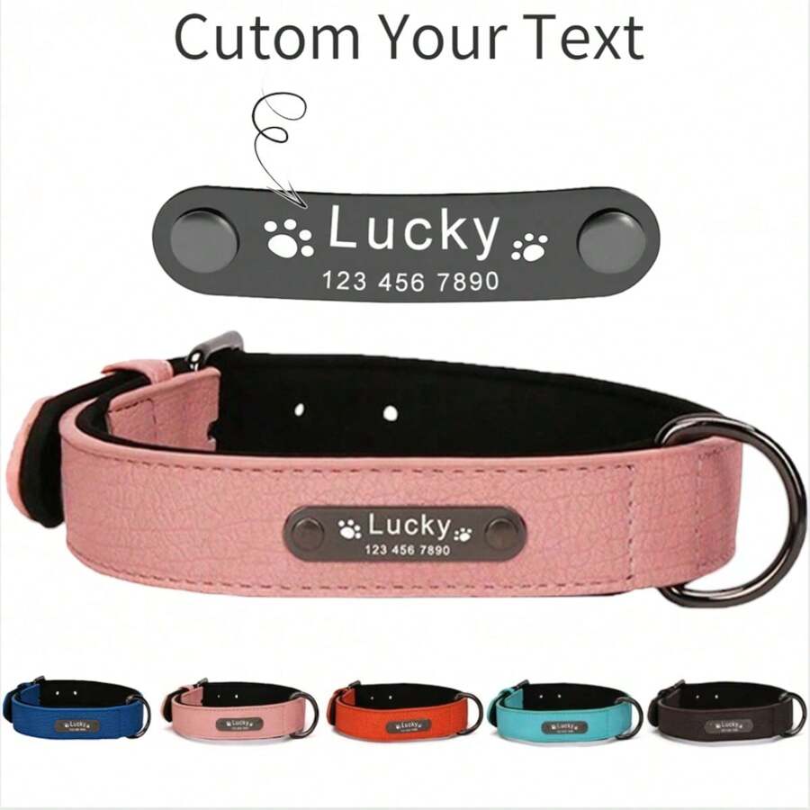Personalized Engraved Leather Dog Collar (Leash Available Separately), Soft Padded, Textured Leather, Suitable For Small, Medium, And Large Dogs