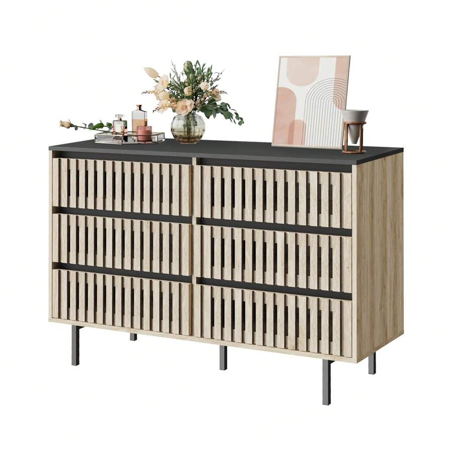 Dresser For Bedroom,Modern Large 6 Drawer Dresser With Metal Leg,Storage Chest Of Drawer,Wood TV Dresser,Dresser Bedroom Furniture,Dresser For Closet (Oak, 6 Drawer)